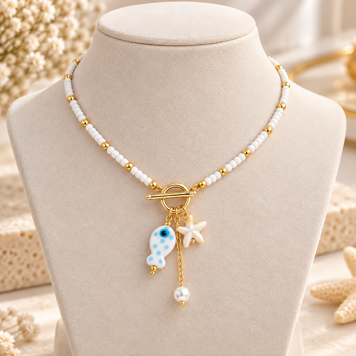 Starfish Gold-Plated Ceramic Beaded Necklace