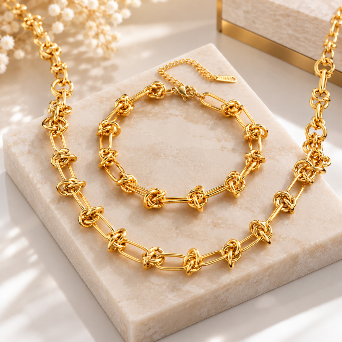Stainless Steel Gold Love Knot Necklace and Bracelet Set