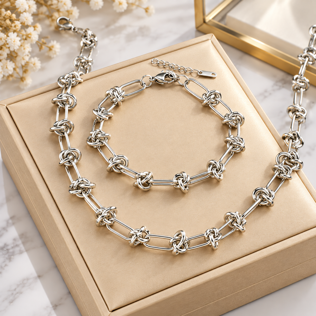 Stainless Steel Gold Love Knot Necklace and Bracelet Set
