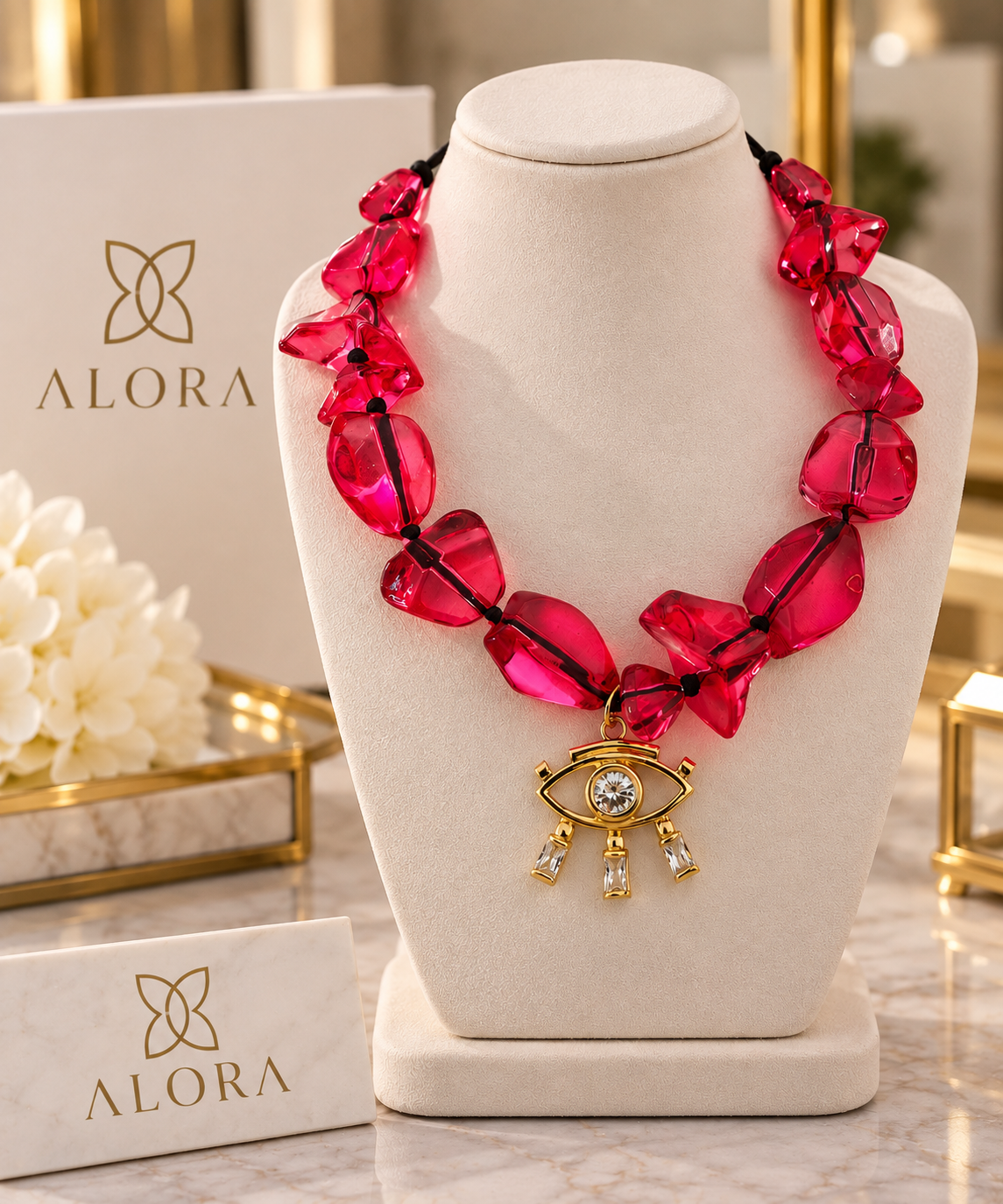 Red-Pink Multilayer Pearl Necklace with Eye Charm