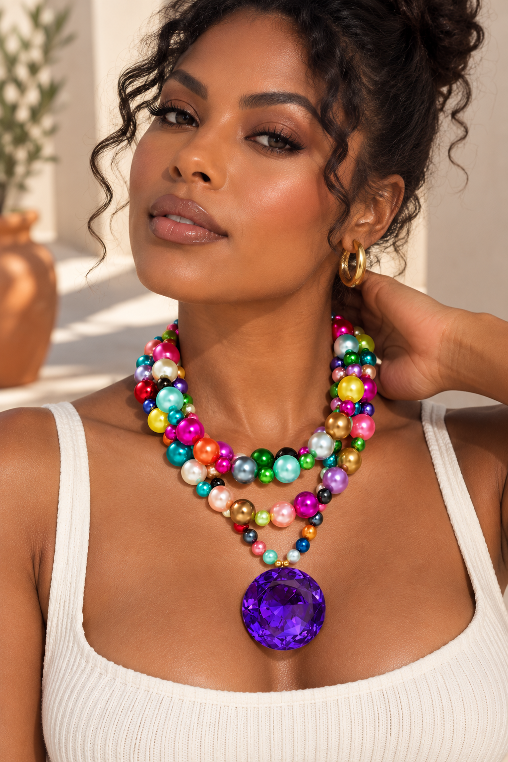 Two-Layer Multicolor Beaded Necklace with Purple Heart Pendant