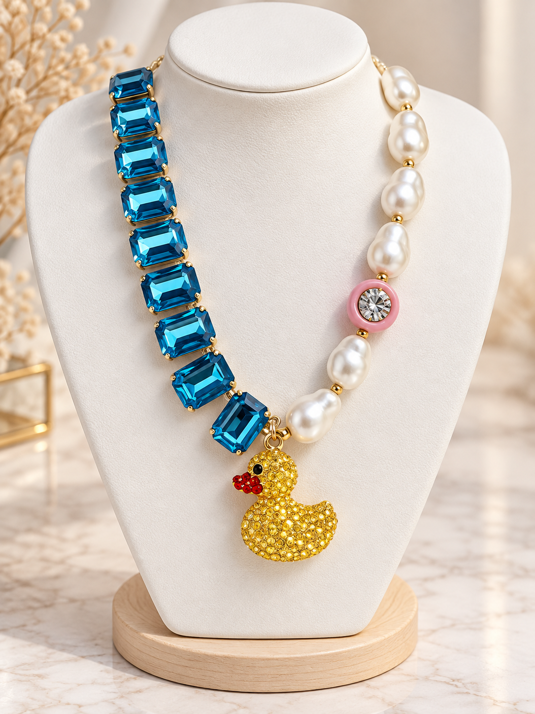 Asymmetrical Pearl and Blue Crystal Duck Pendant Necklace