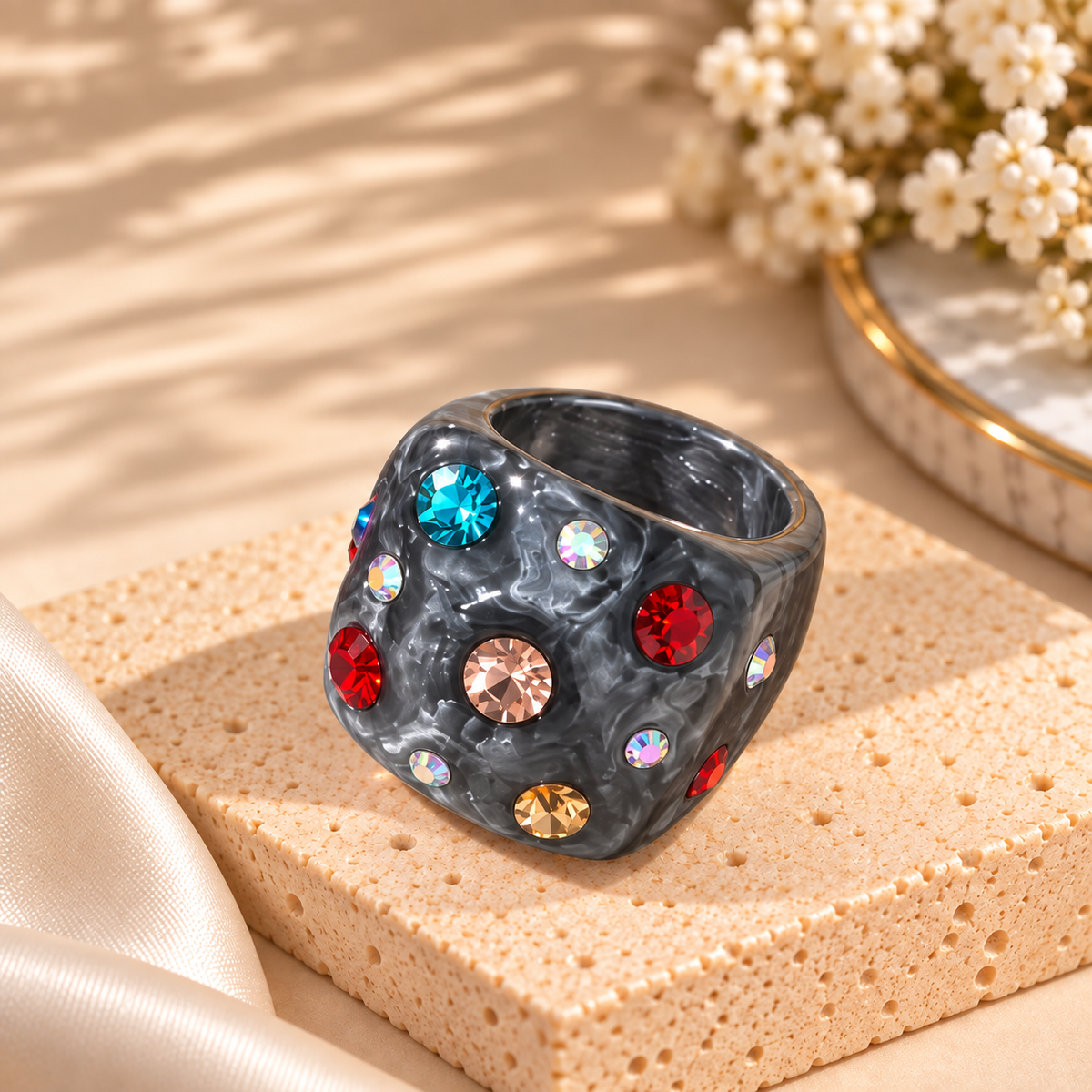 Rhinestone Geometric Resin Ring