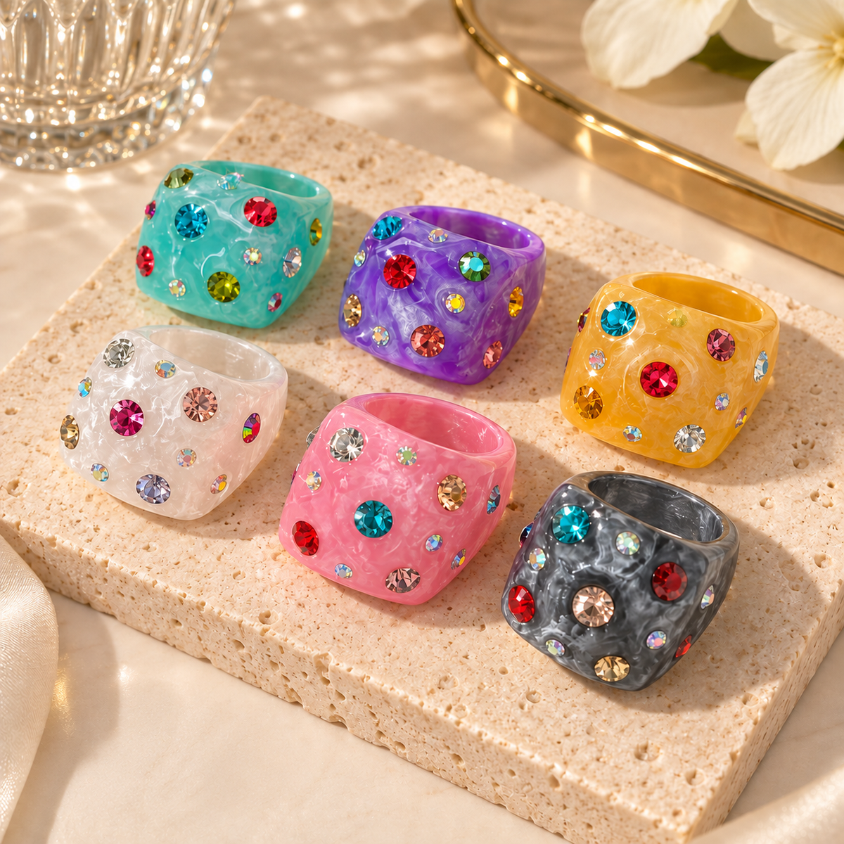Rhinestone Geometric Resin Ring