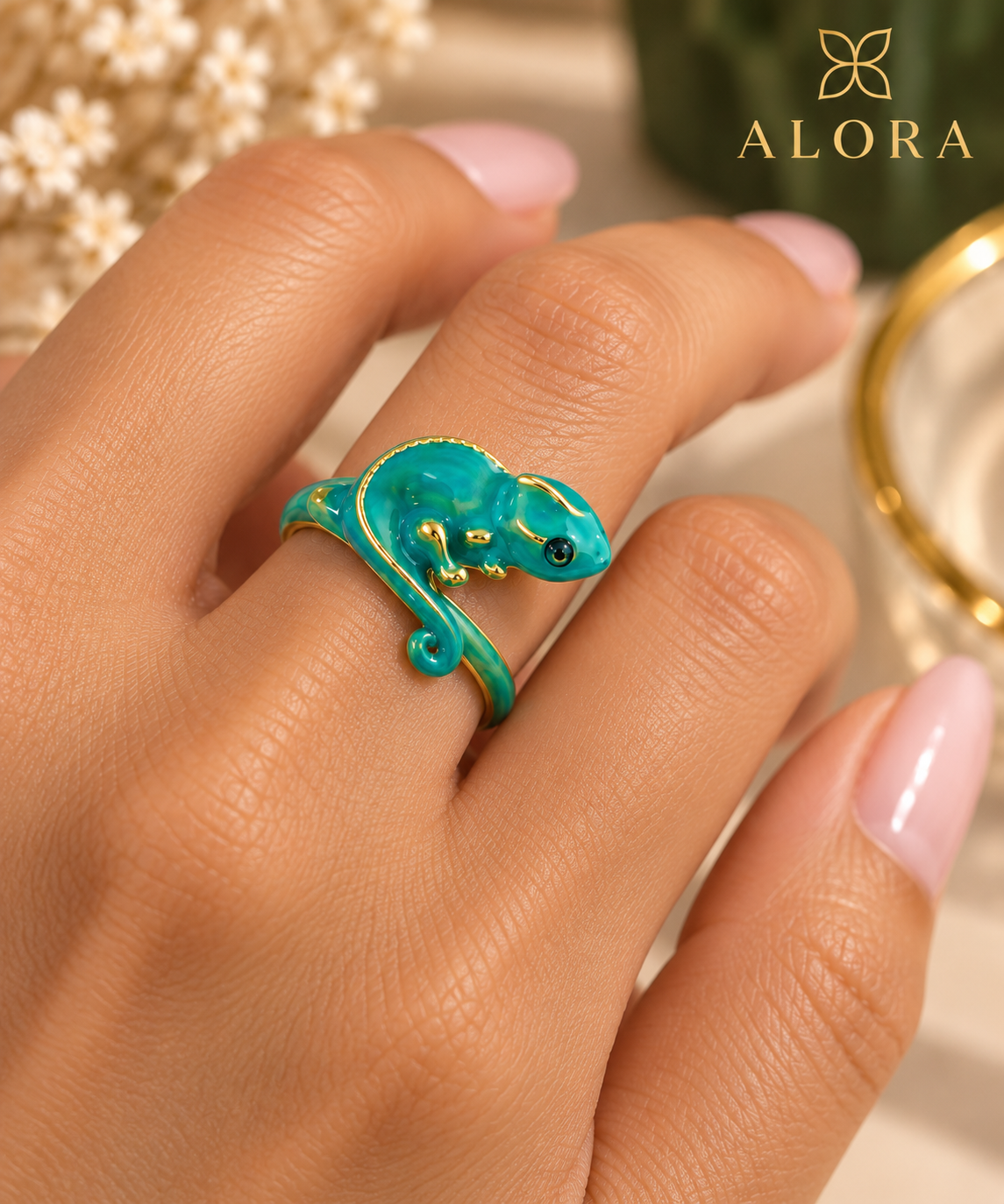 Blue Enamel Chameleon Ring — Size 7