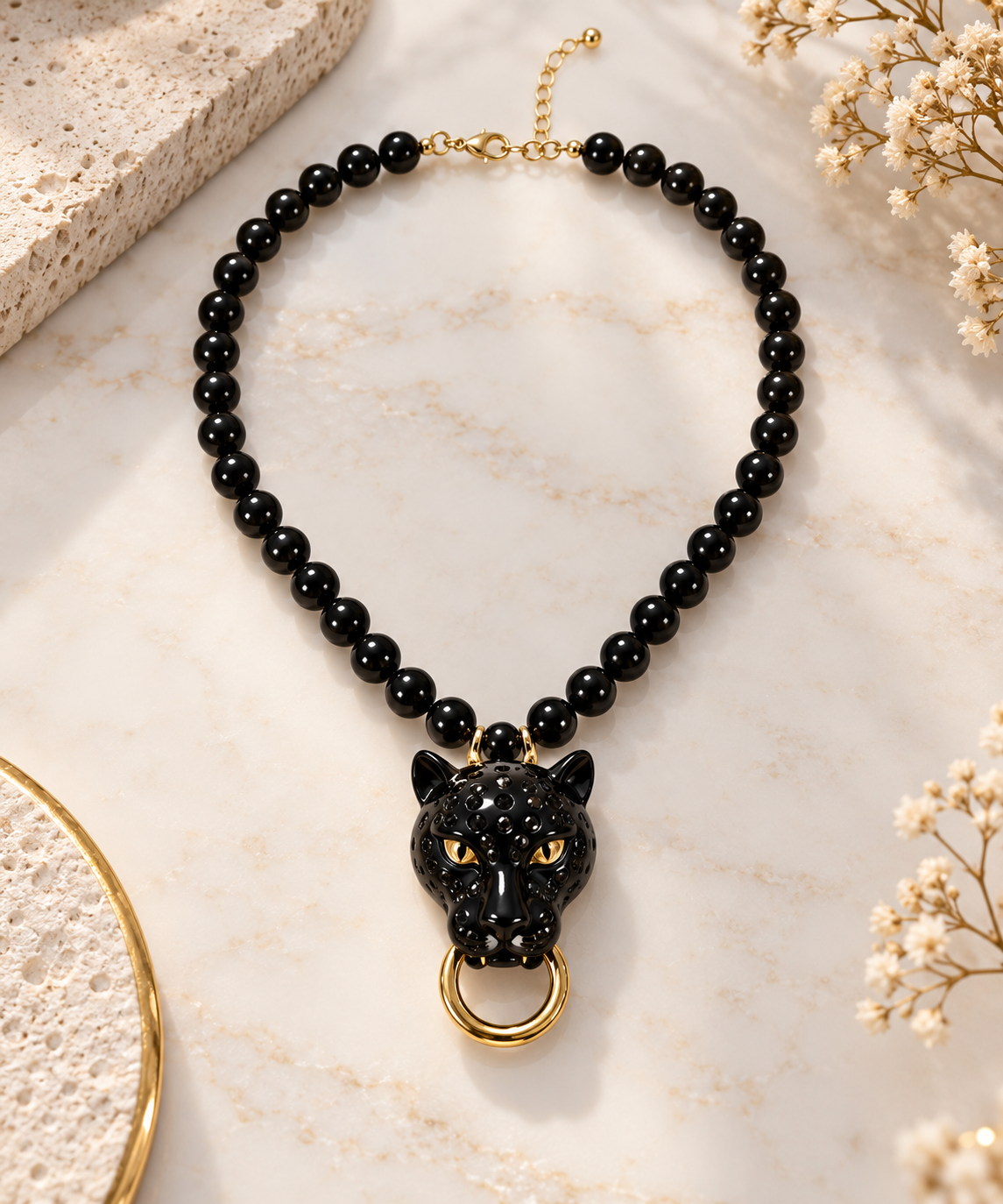 Vintage Animal-Head Beaded Necklace — Black