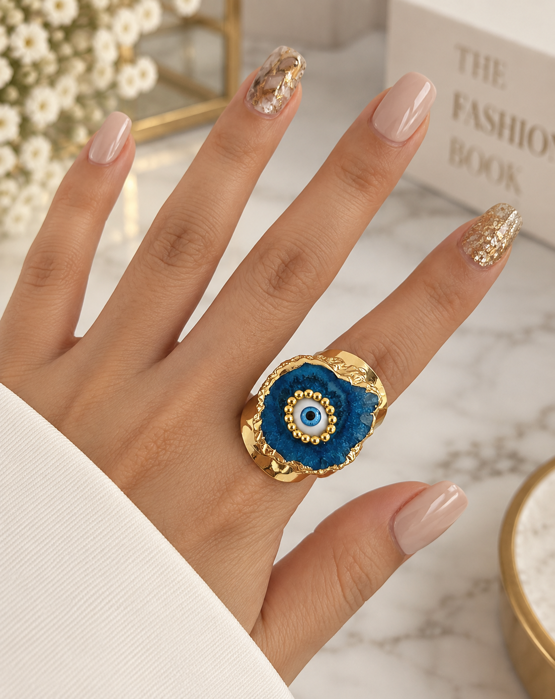 Asymmetrical Natural Agate Eye Beaded Brass Plated Gold Wide Ring