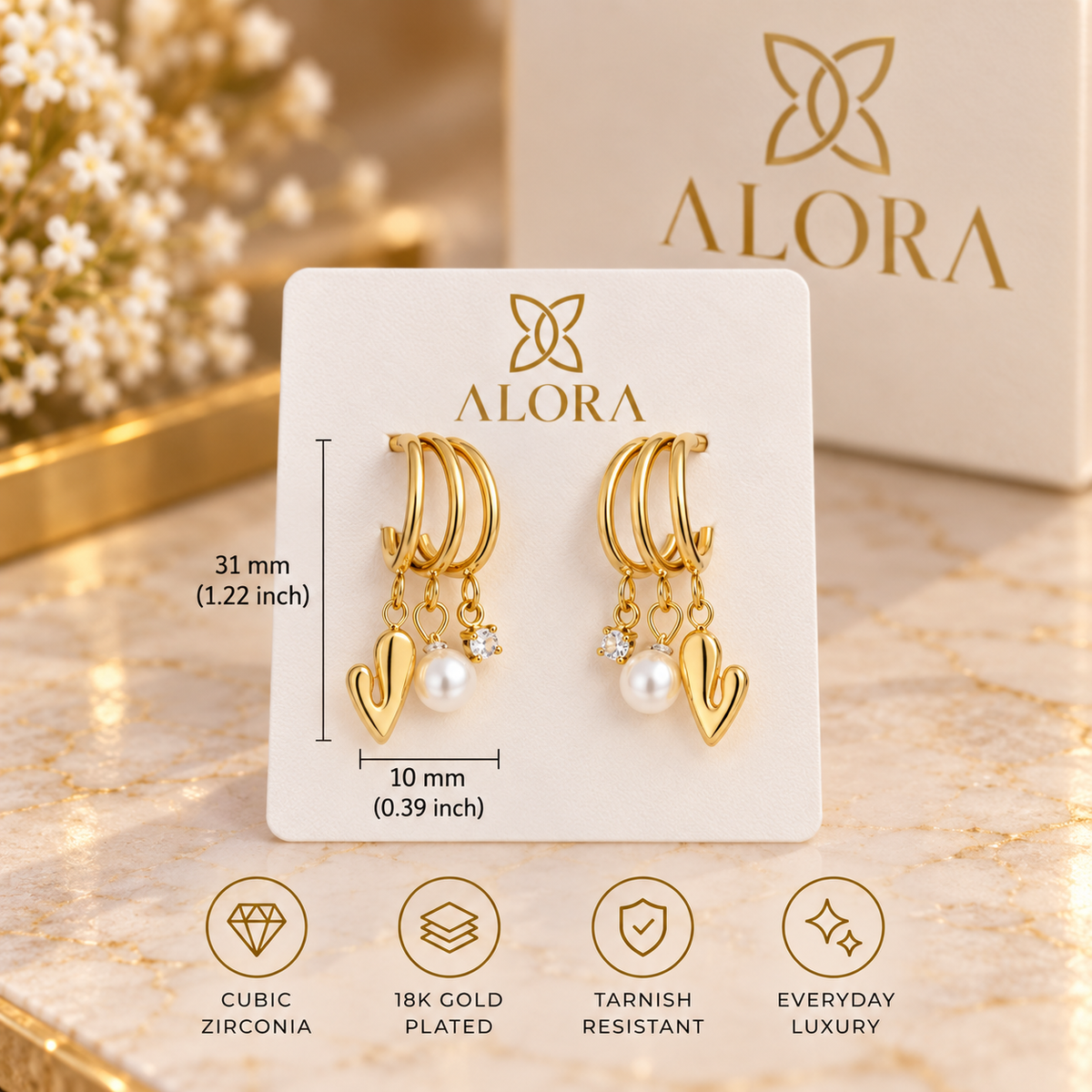Delicate Three-Layer Heart-Shaped Pearl Cubic Zirconia Earrings