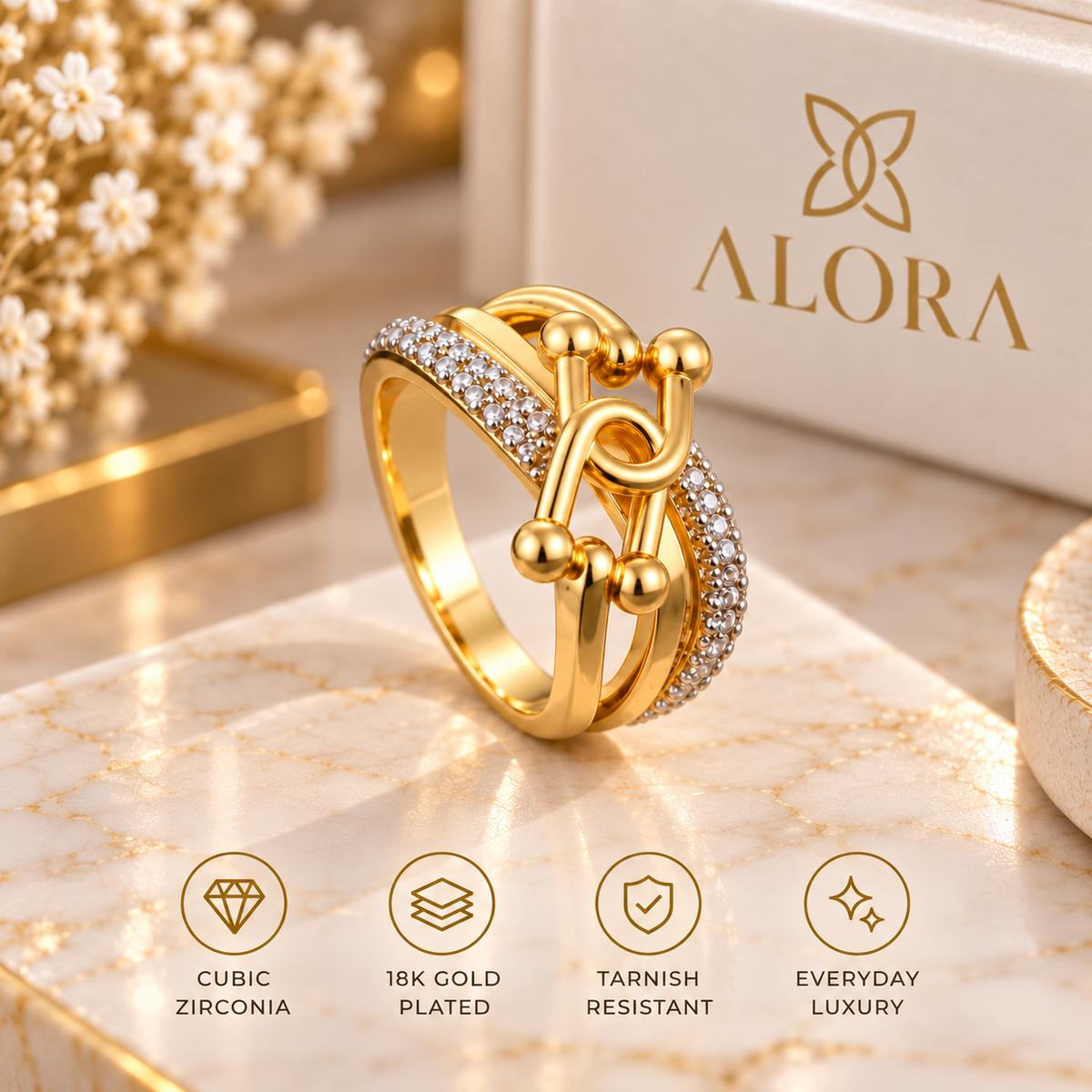 18K Gold Plated Horseshoe Cross Double Layer Ring