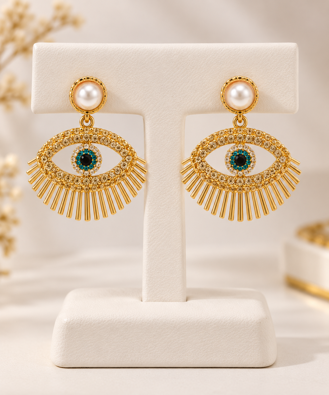 Gold Faux Pearl and Rhinestone Evil Eye Tassel Drop Earrings
