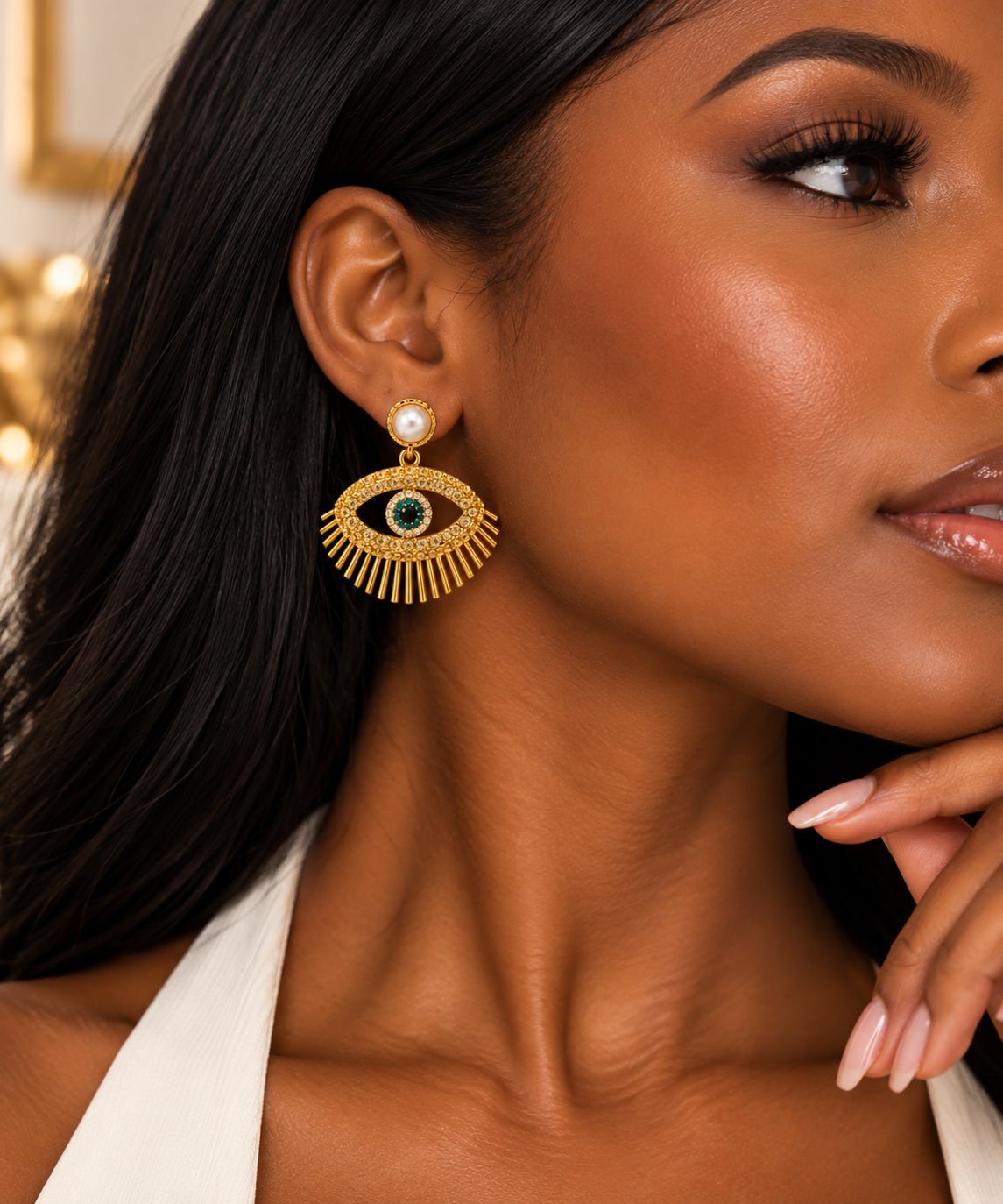 Gold Faux Pearl and Rhinestone Evil Eye Tassel Drop Earrings
