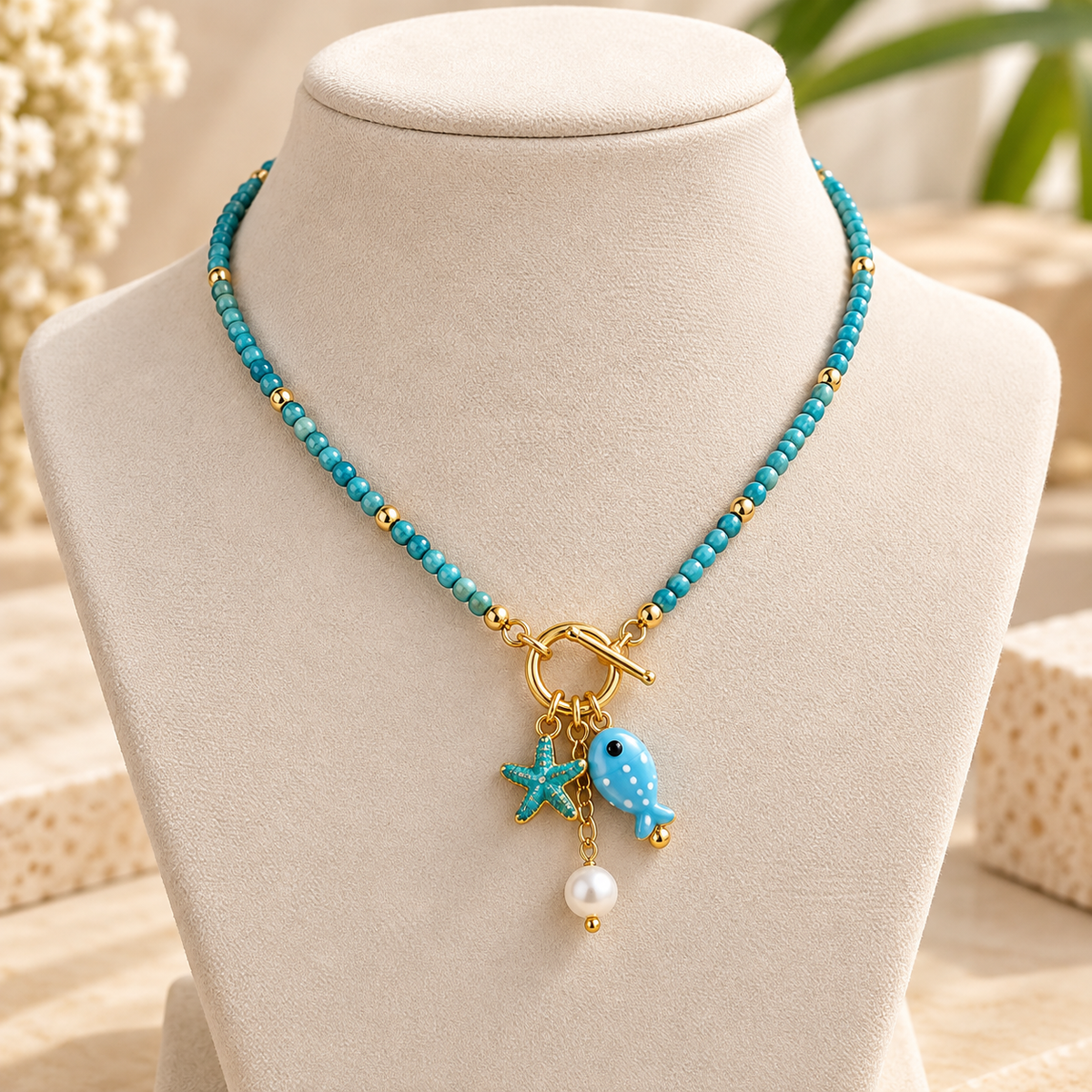 Starfish Gold-Plated Ceramic Beaded Necklace