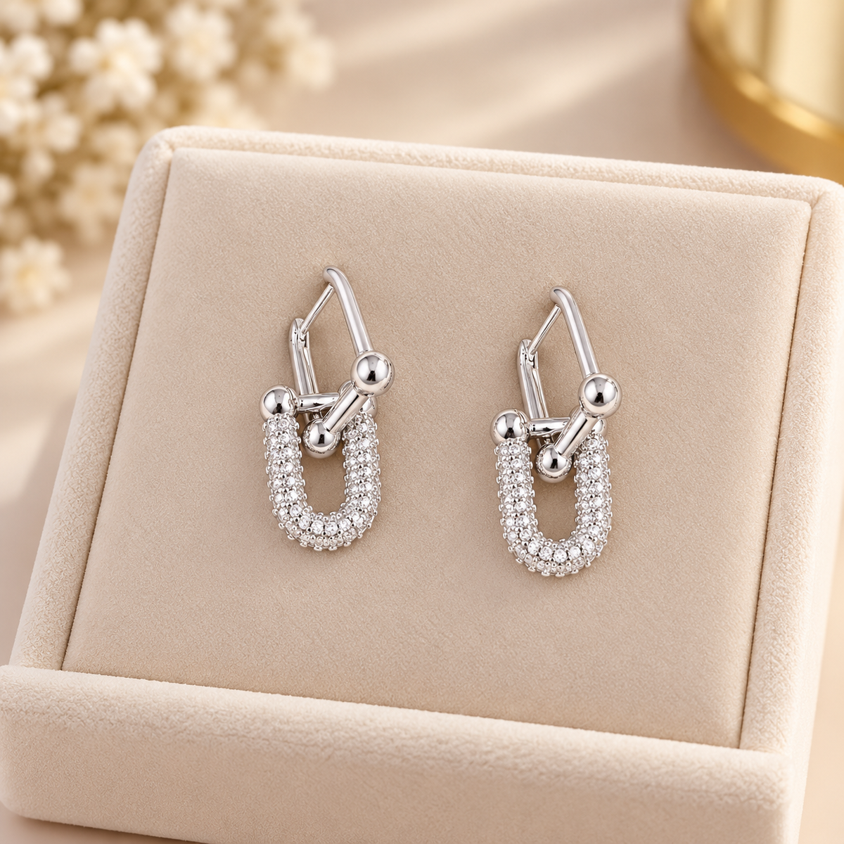 White Gold Plated Interlocking Link Earrings with Sparkly CZ Stones