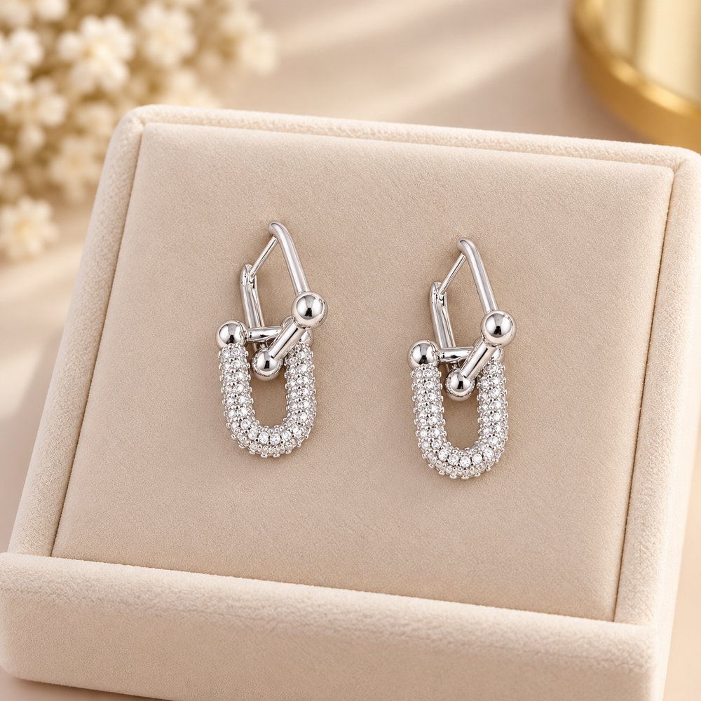 White Gold Plated Interlocking Link Earrings with Sparkly CZ Stones