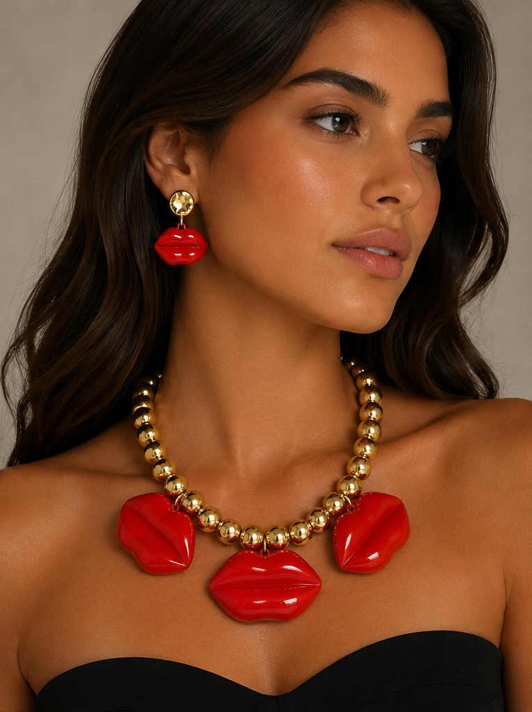 Chunky Gold Bead and Red Lips Statement Jewelry Set