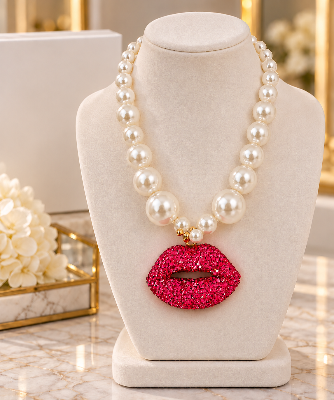 Multilayer Pearl Necklace with Large Lips Pendant