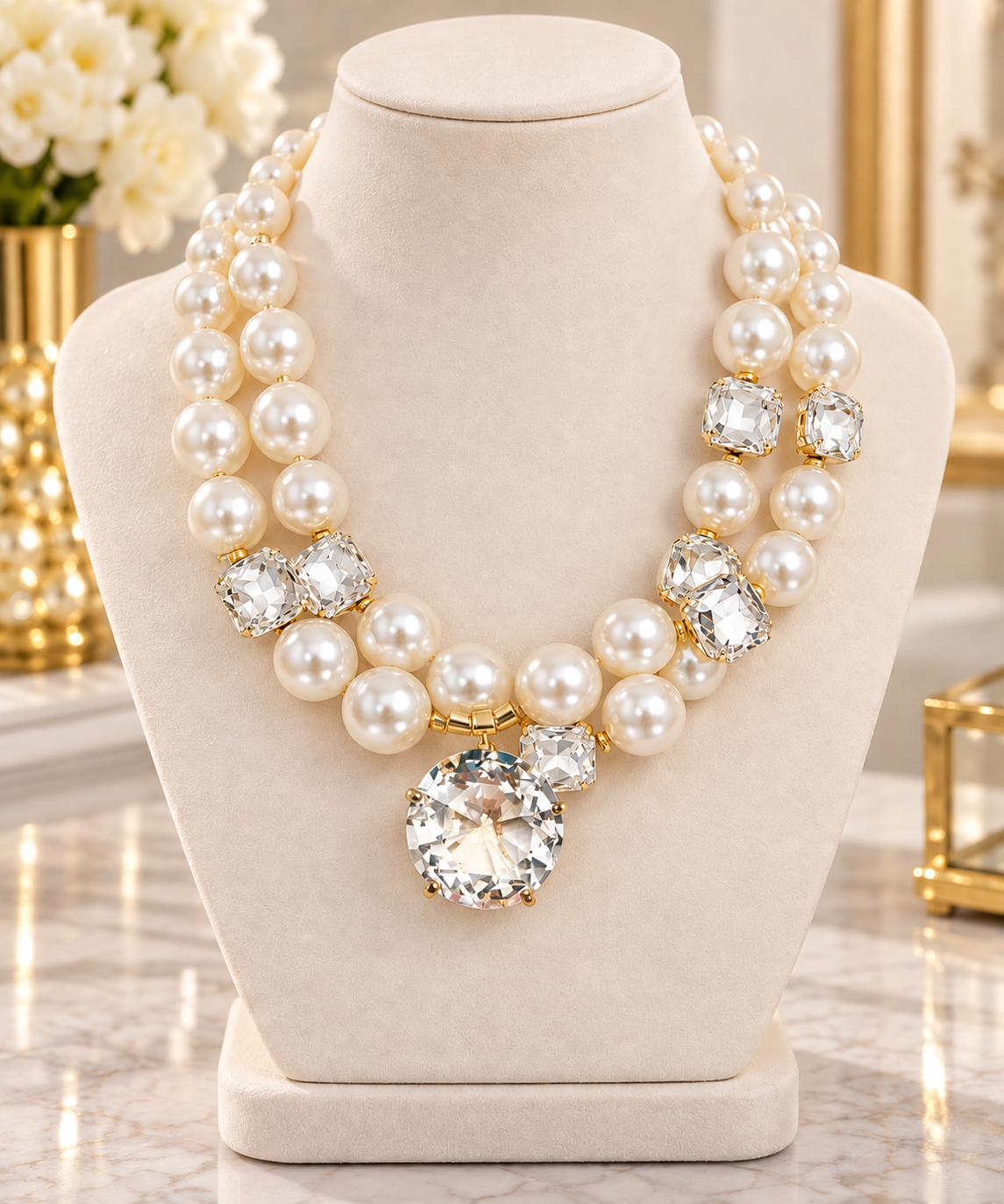 Double-Row Pearl and Crystal Statement Choker Necklace