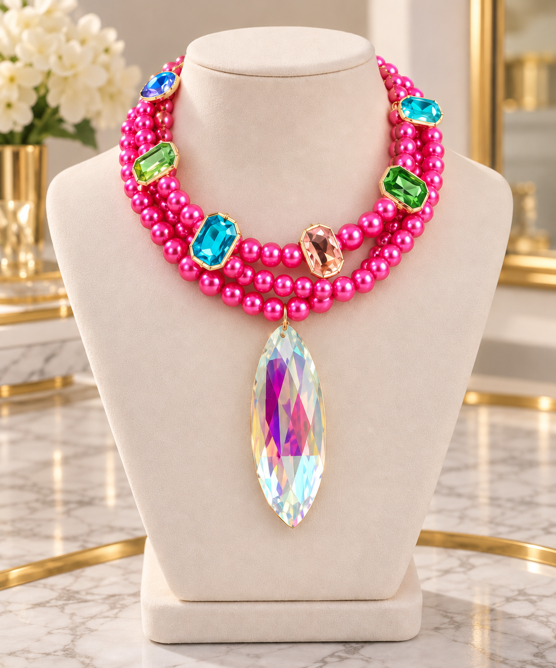Hot-Pink Layered Pearl Necklace with Long Crystal Charms