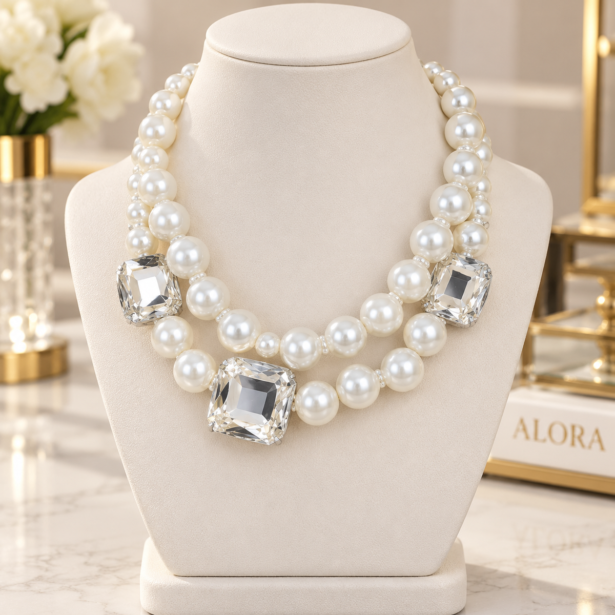 Layered Pearl-Shaped Bead Necklace with AB Crystal Pendant