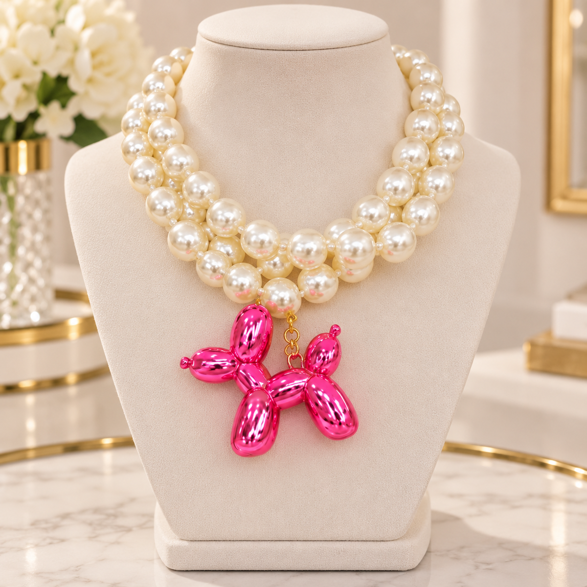 Bohemian Pink Bubble-Dog Pendant Chunky Necklace