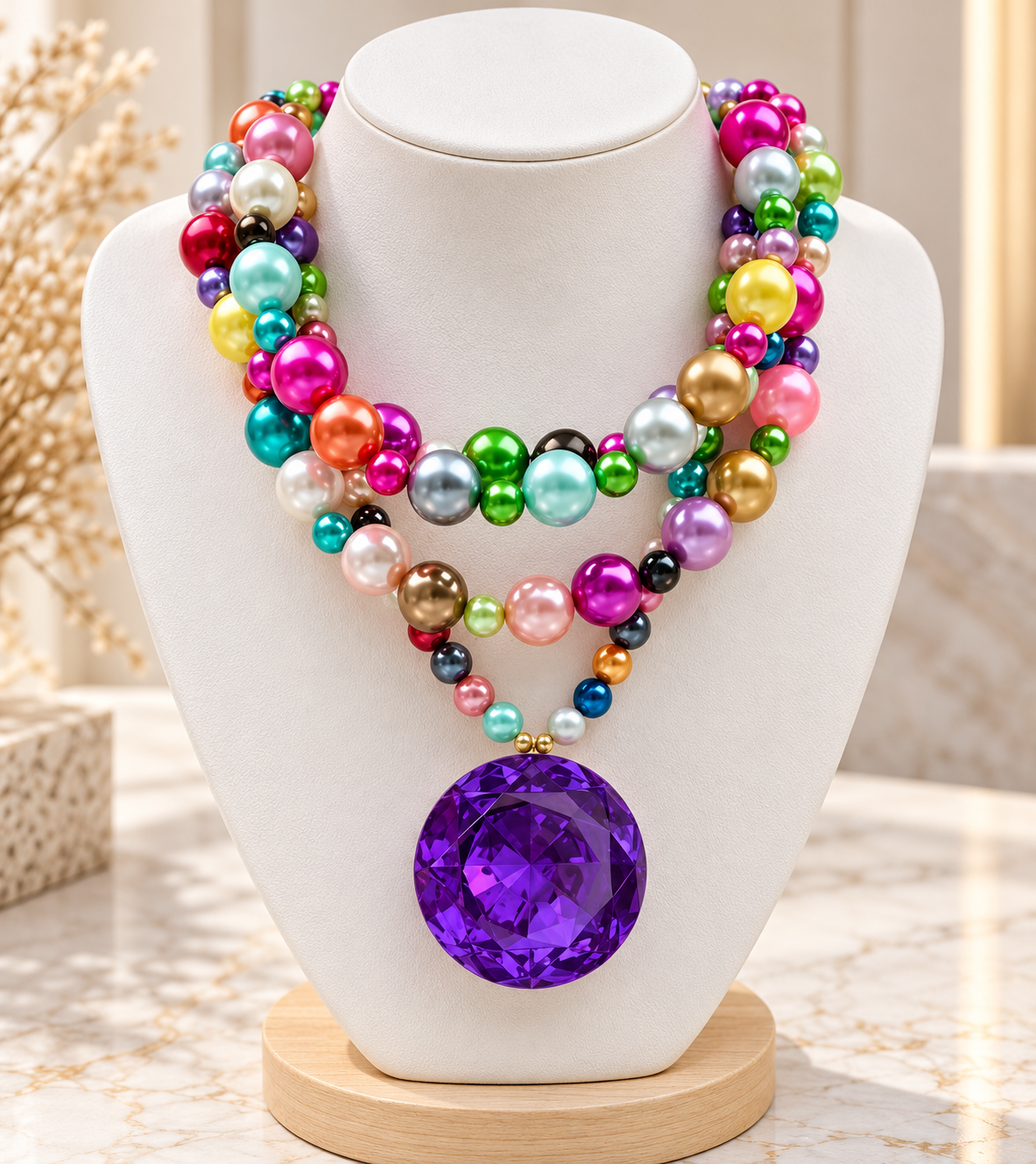 Two-Layer Multicolor Beaded Necklace with Purple Heart Pendant