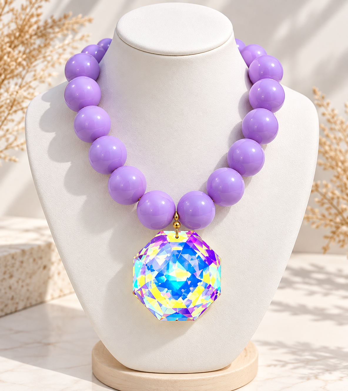 Fuchsia Polygon Resin Bead Pendant Necklace
