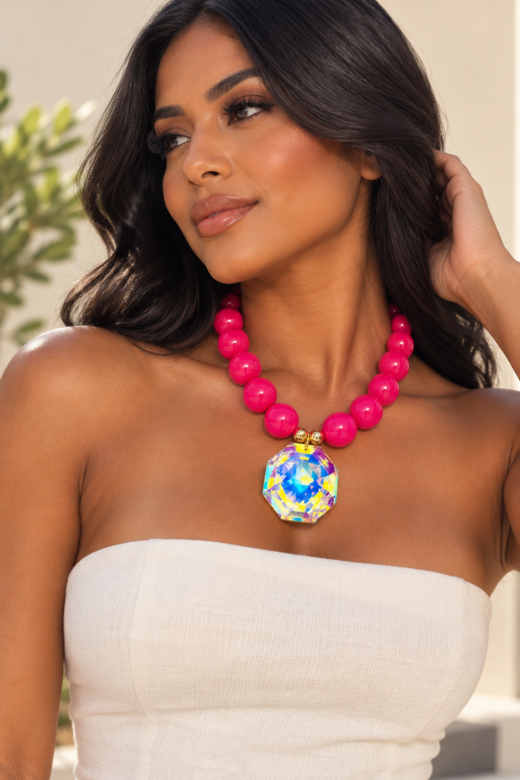 Fuchsia Polygon Resin Bead Pendant Necklace
