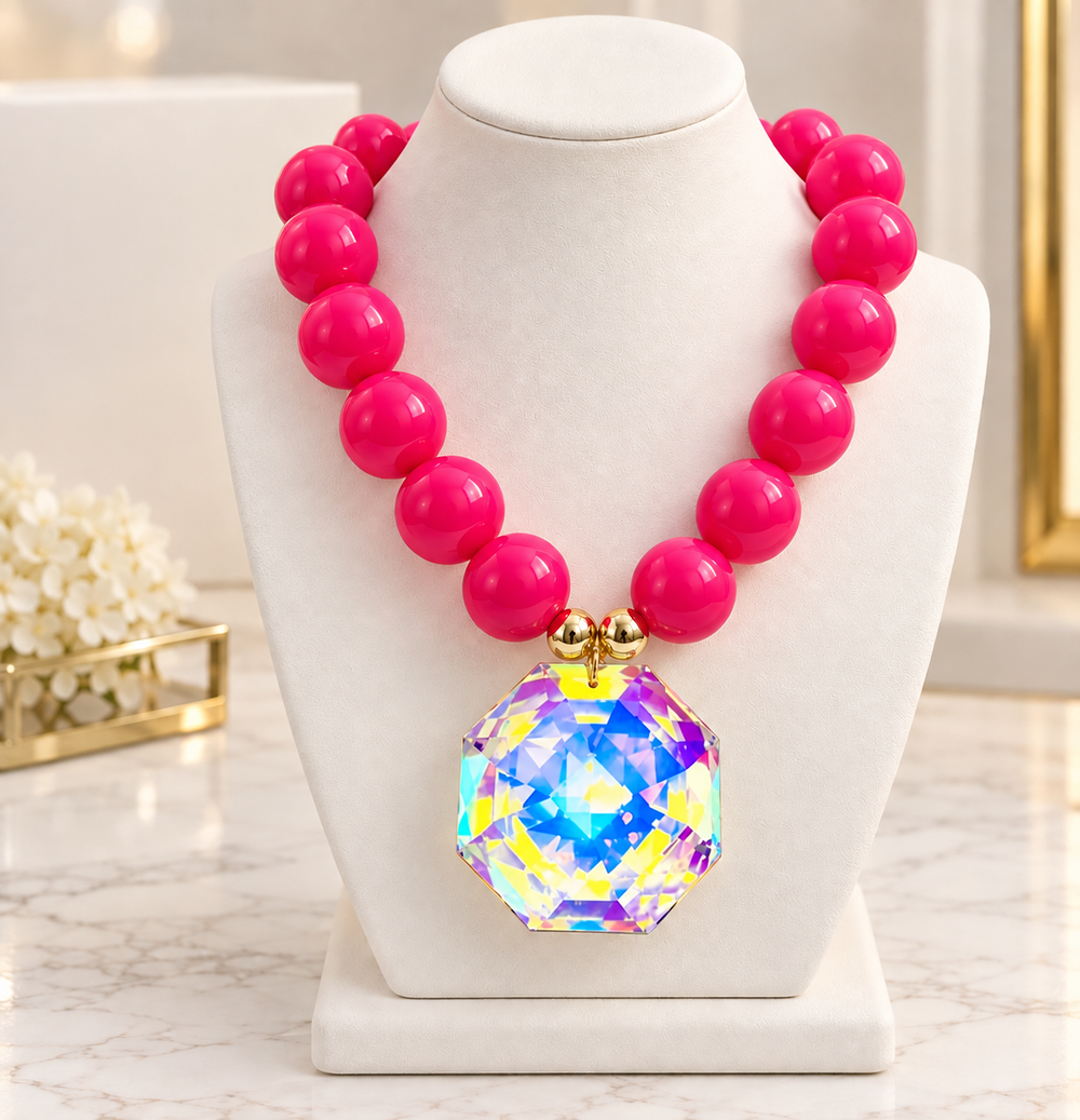 Fuchsia Polygon Resin Bead Pendant Necklace