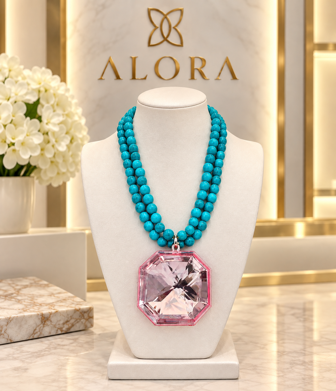 Luxury Layered Pink Bead and Crystal Pendant Necklace