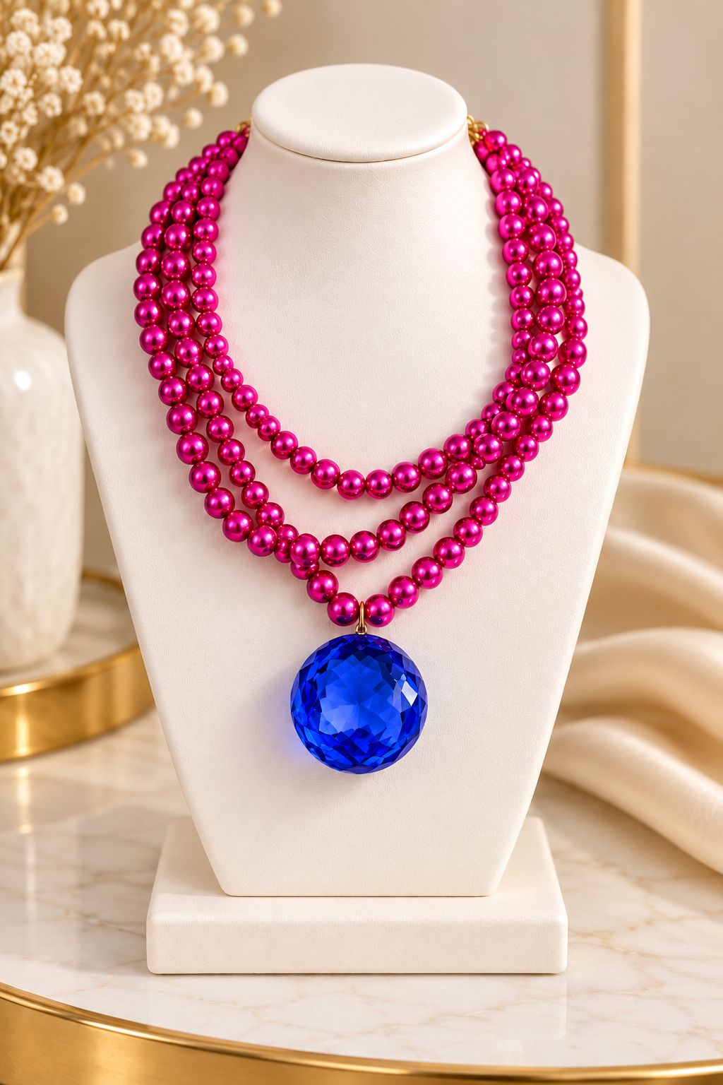 Hot-Pink Layered Pearl Necklace with Blue Crystal Charms