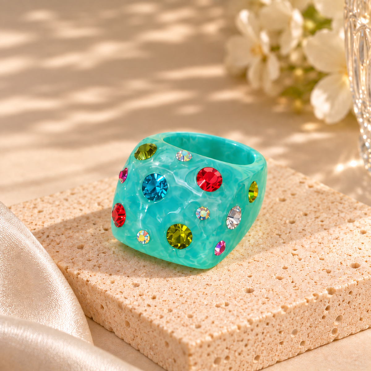 Rhinestone Geometric Resin Ring