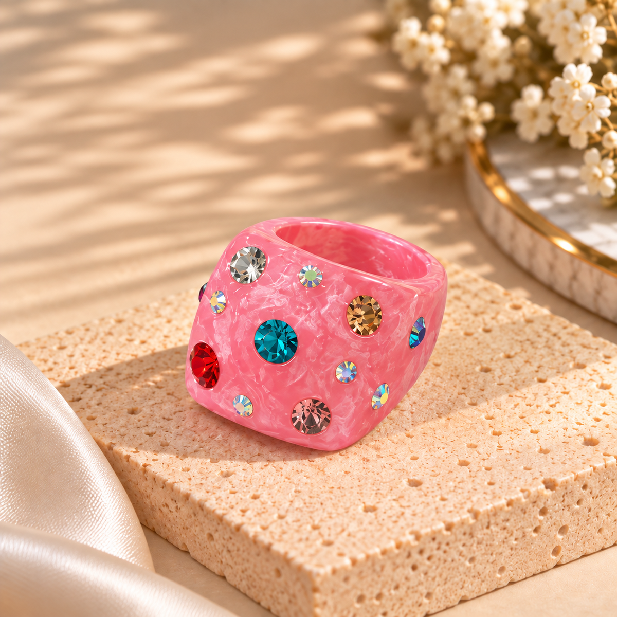 Rhinestone Geometric Resin Ring