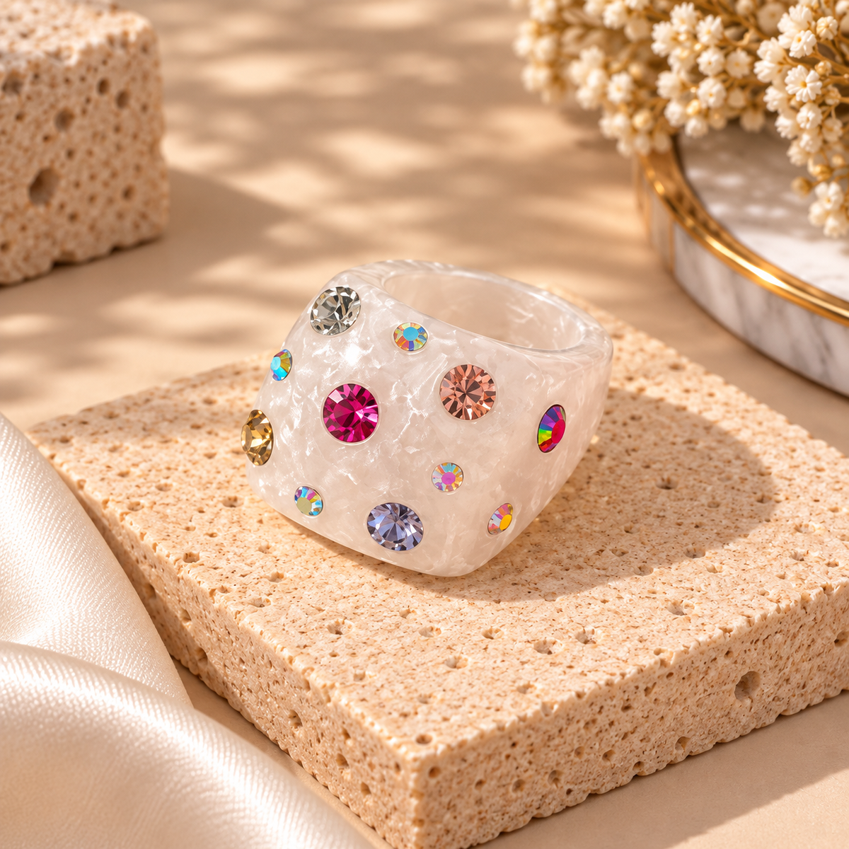 Rhinestone Geometric Resin Ring