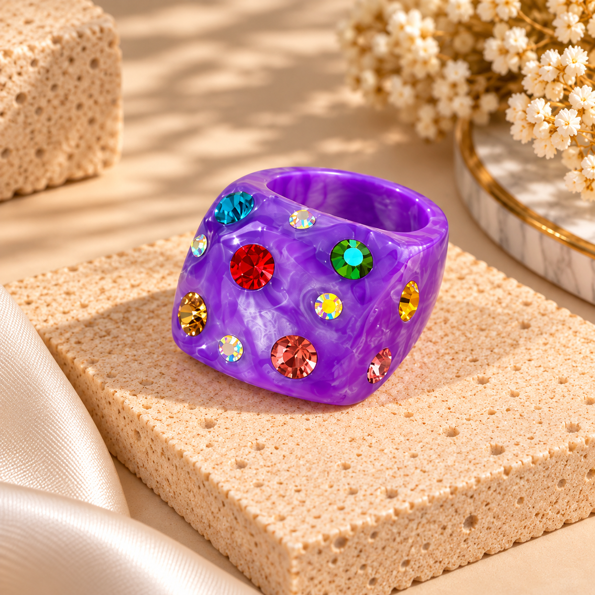 Rhinestone Geometric Resin Ring