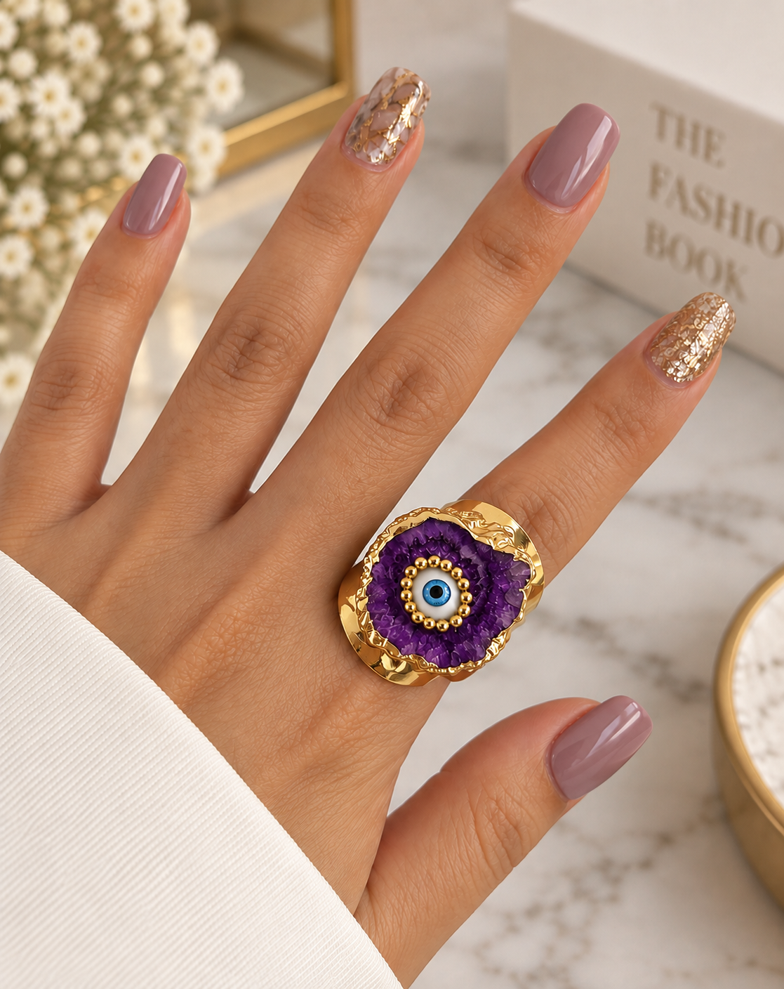 Asymmetrical Natural Agate Eye Beaded Brass Plated Gold Wide Ring