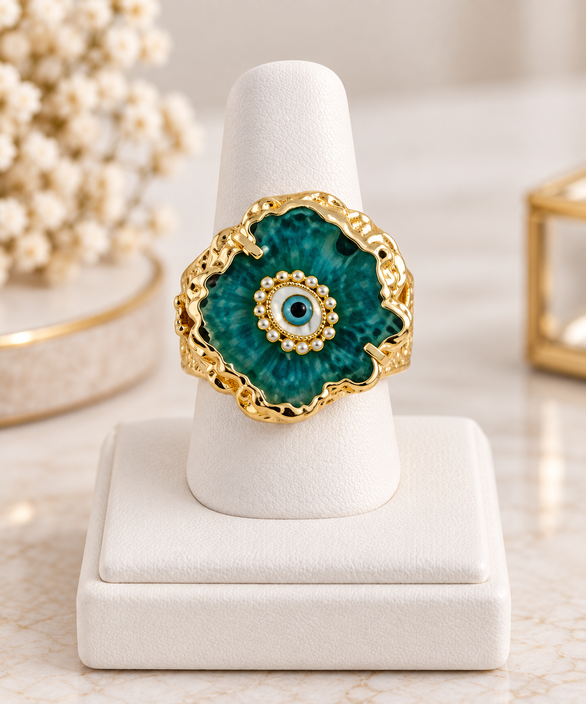 Asymmetrical Natural Agate Eye Beaded Brass Plated Gold Wide Ring