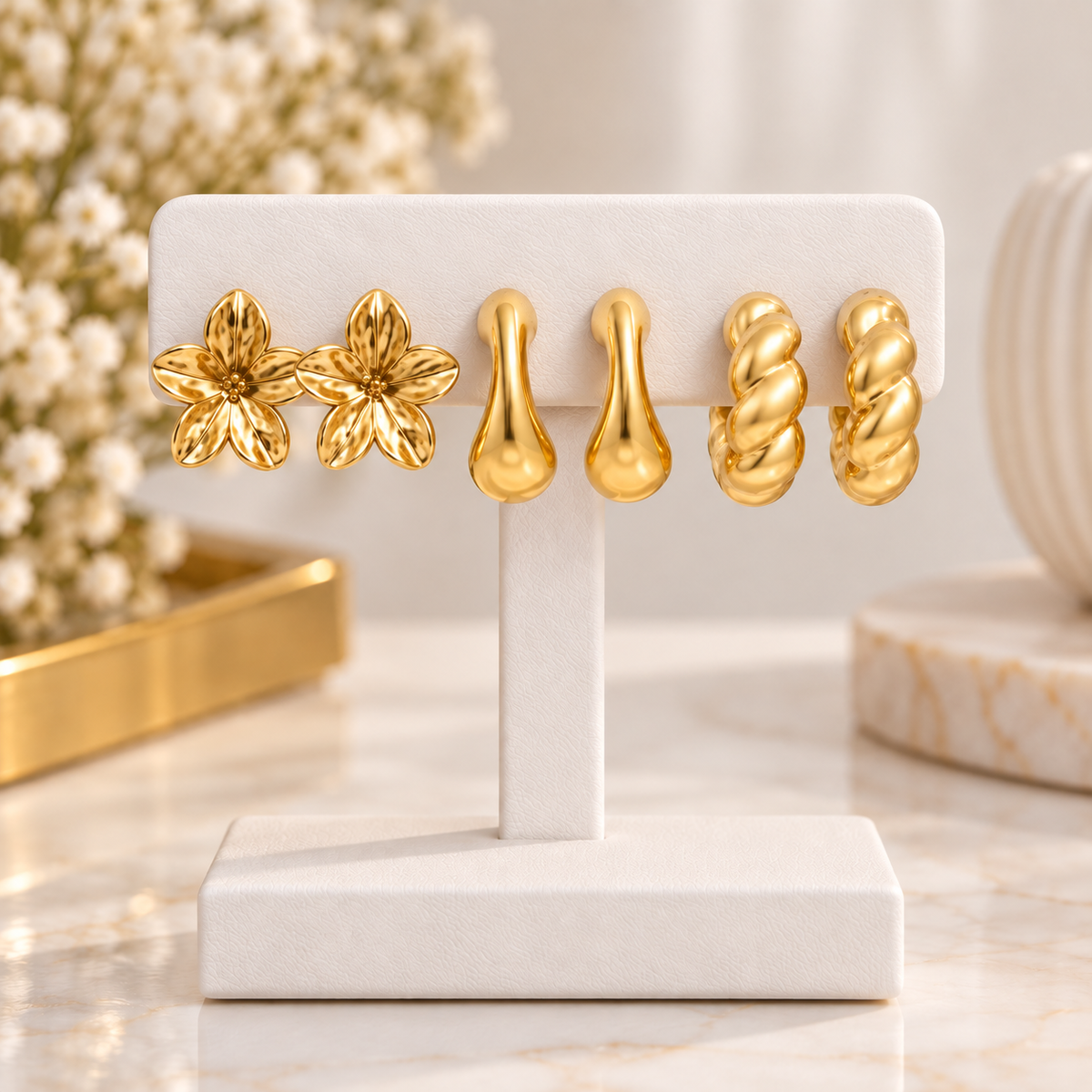 3 set Floral Geometric Multi- Gold Metallic Earring Set