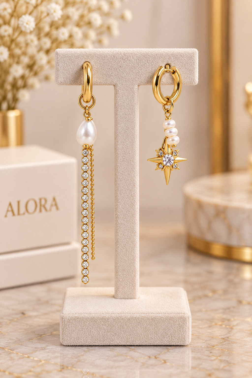 2pcs Non-Symmetric Faux Pearl & Zirconia Octagonal Star Chain Stainless Steel