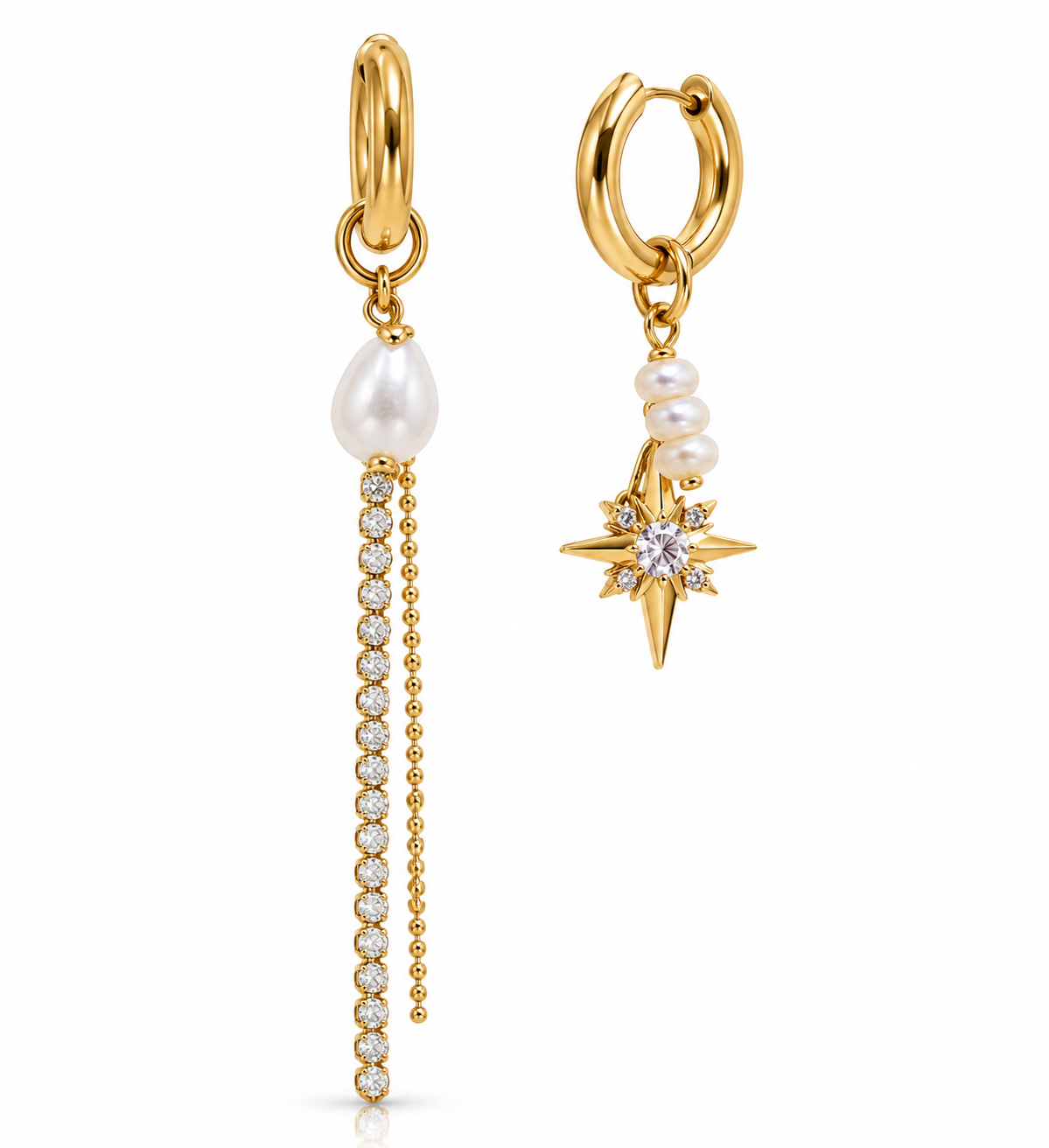 2pcs Non-Symmetric Faux Pearl & Zirconia Octagonal Star Chain Stainless Steel