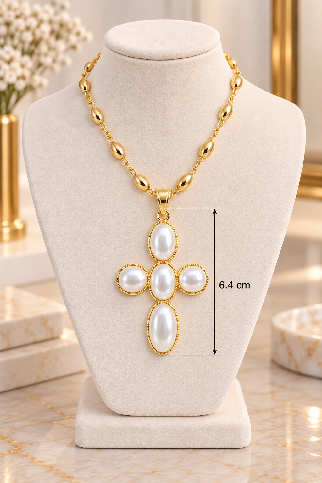 Elegant 18-k gold-plated necklace with a cross pendant and pearl charms.