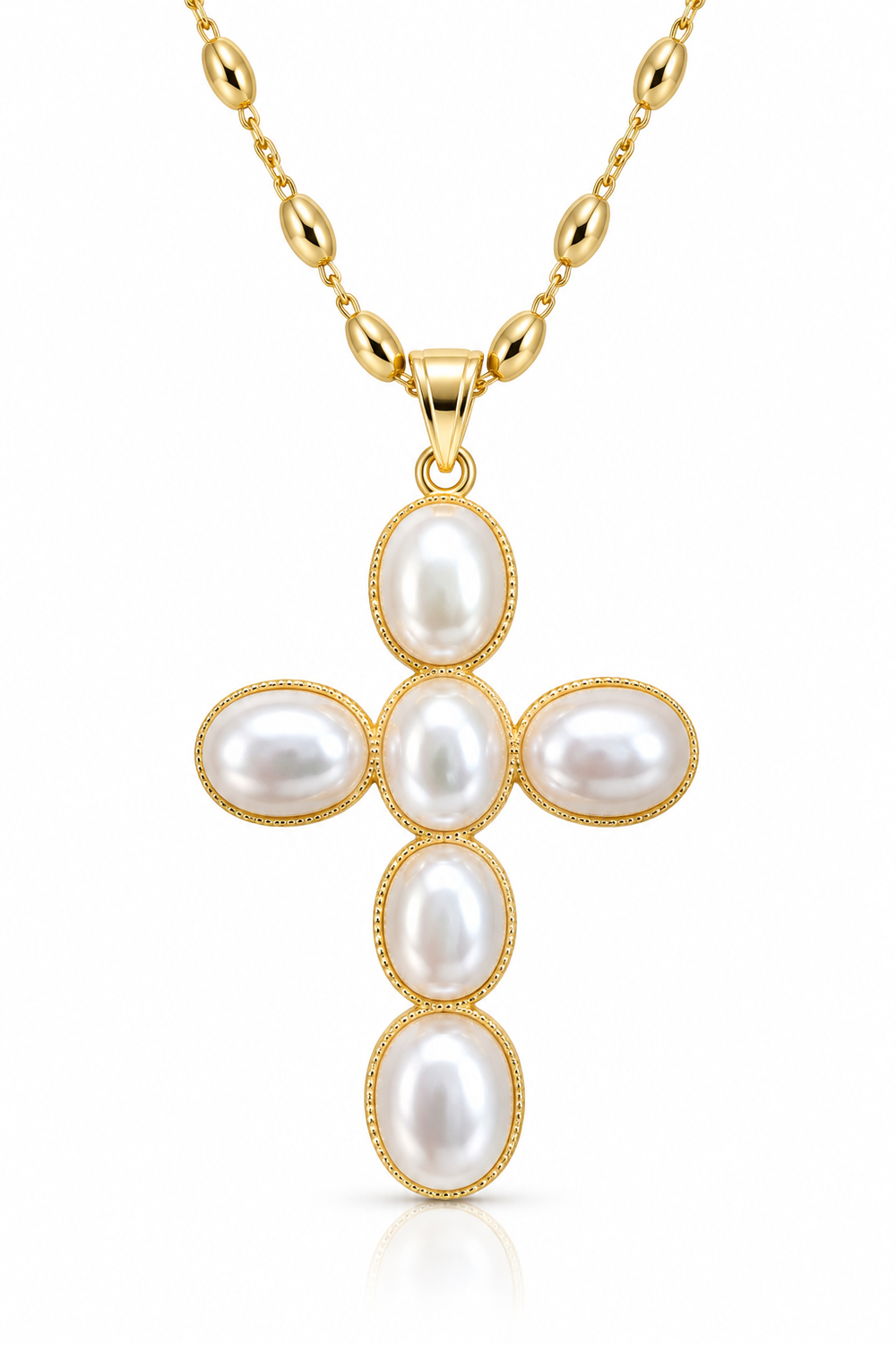 Elegant 18-k gold-plated necklace with a cross pendant and pearl charms.