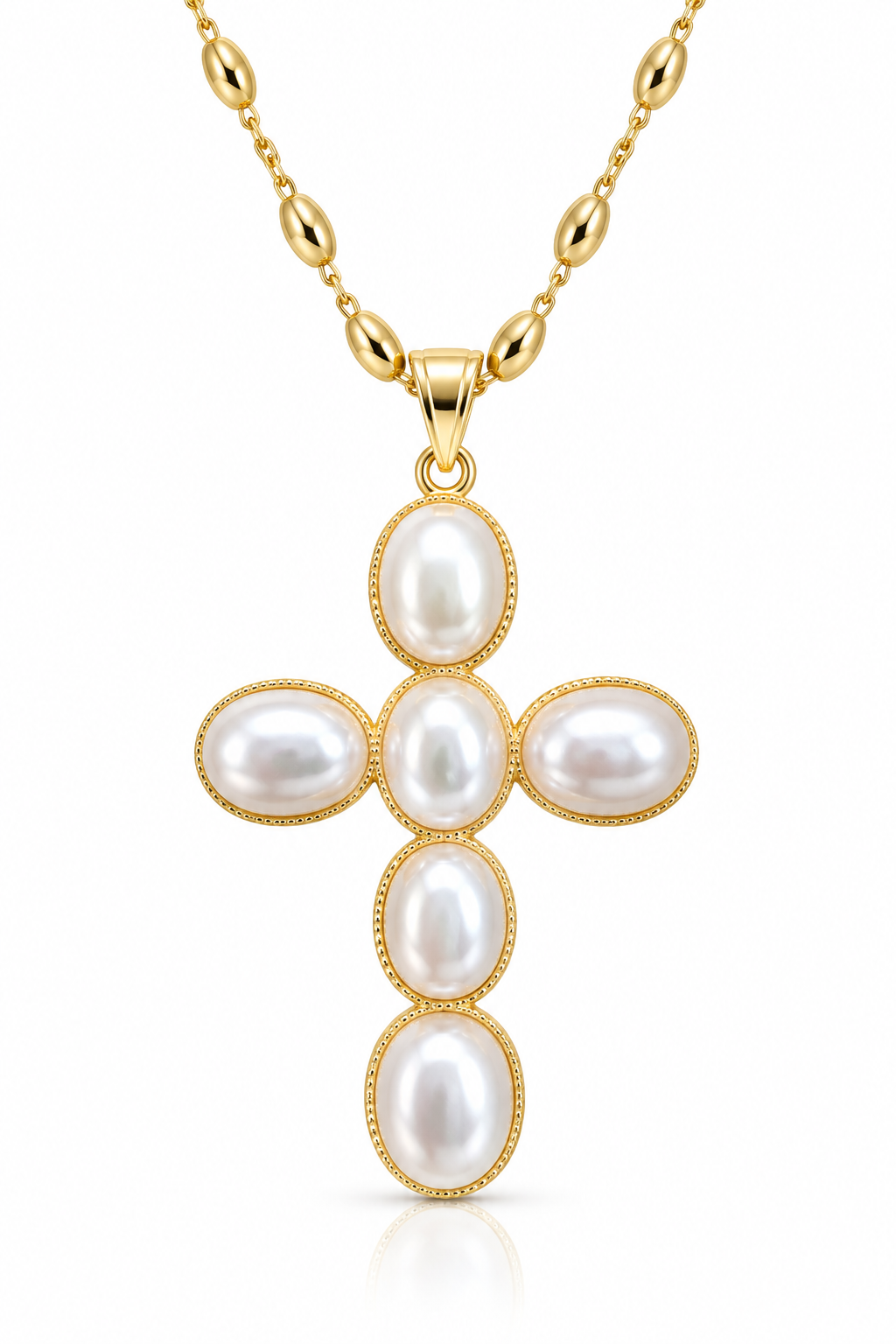 Elegant 18-k gold-plated necklace with a cross pendant and pearl charms.