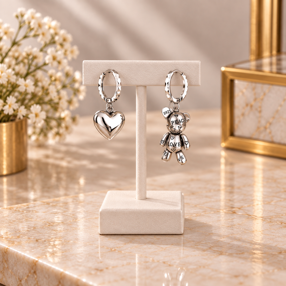 Asymmetric Bear & Heart Design Women's Jewelry Earrings