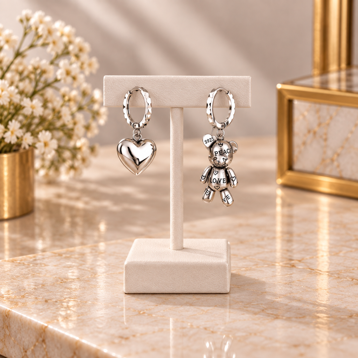 Asymmetric Bear & Heart Design Women's Jewelry Earrings