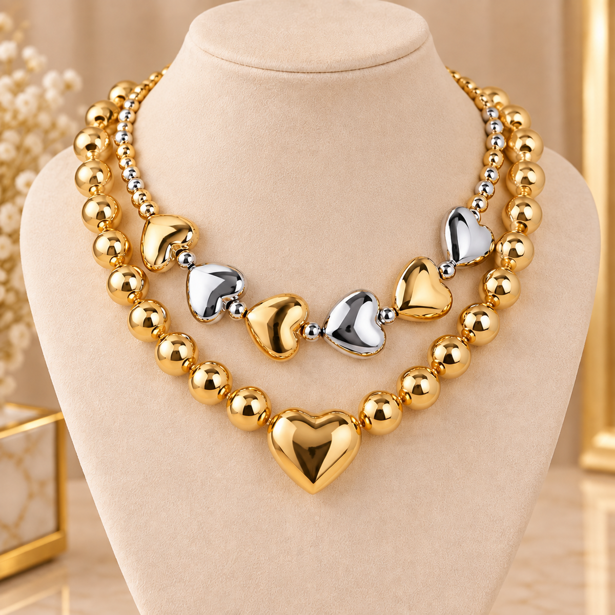 Two-Tone Chunky Ball Chain Layered Puffy Heart Necklace Set