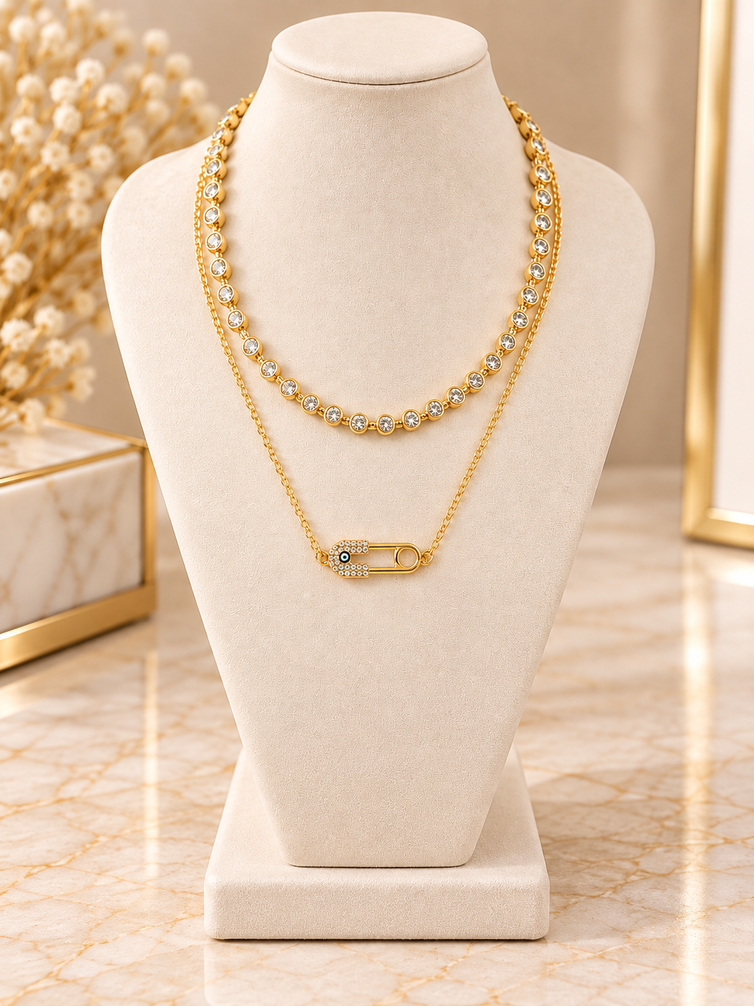 Stainless Steel Diamond Devil Eye Pendant Multilayer Necklace