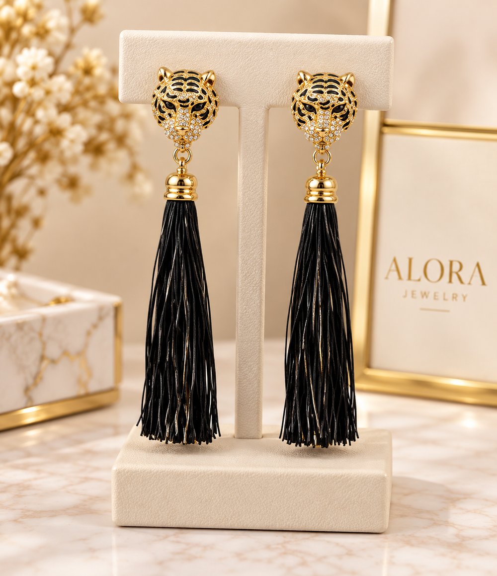 Tiger Head Black Long Tassel Earrings