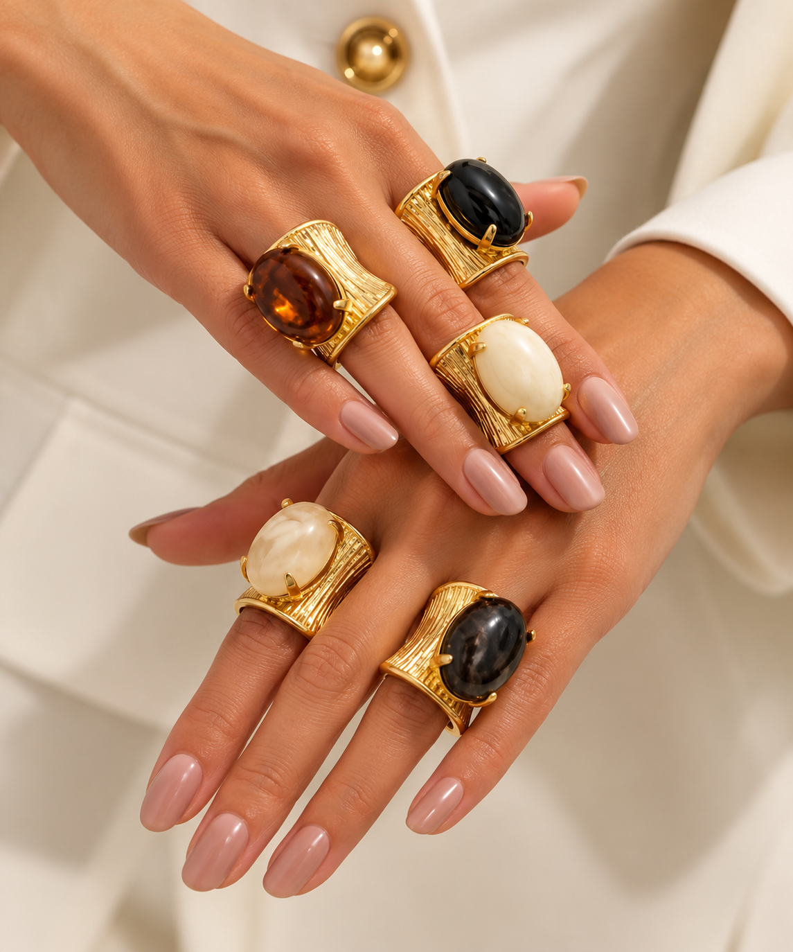 Vintage ring with an exaggerated geometric design and faux gemstone inlays.
