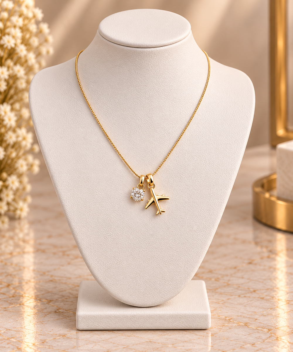 Cubic Zirconia Heart & Airplane Pendant Necklace
