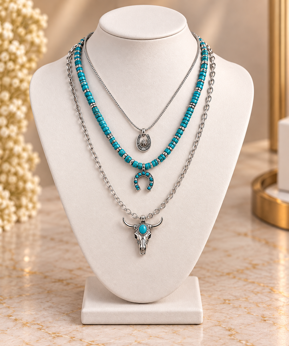 Set  Western Cowboy Style  Turquoise Bull Head Collarbone Chain Bead